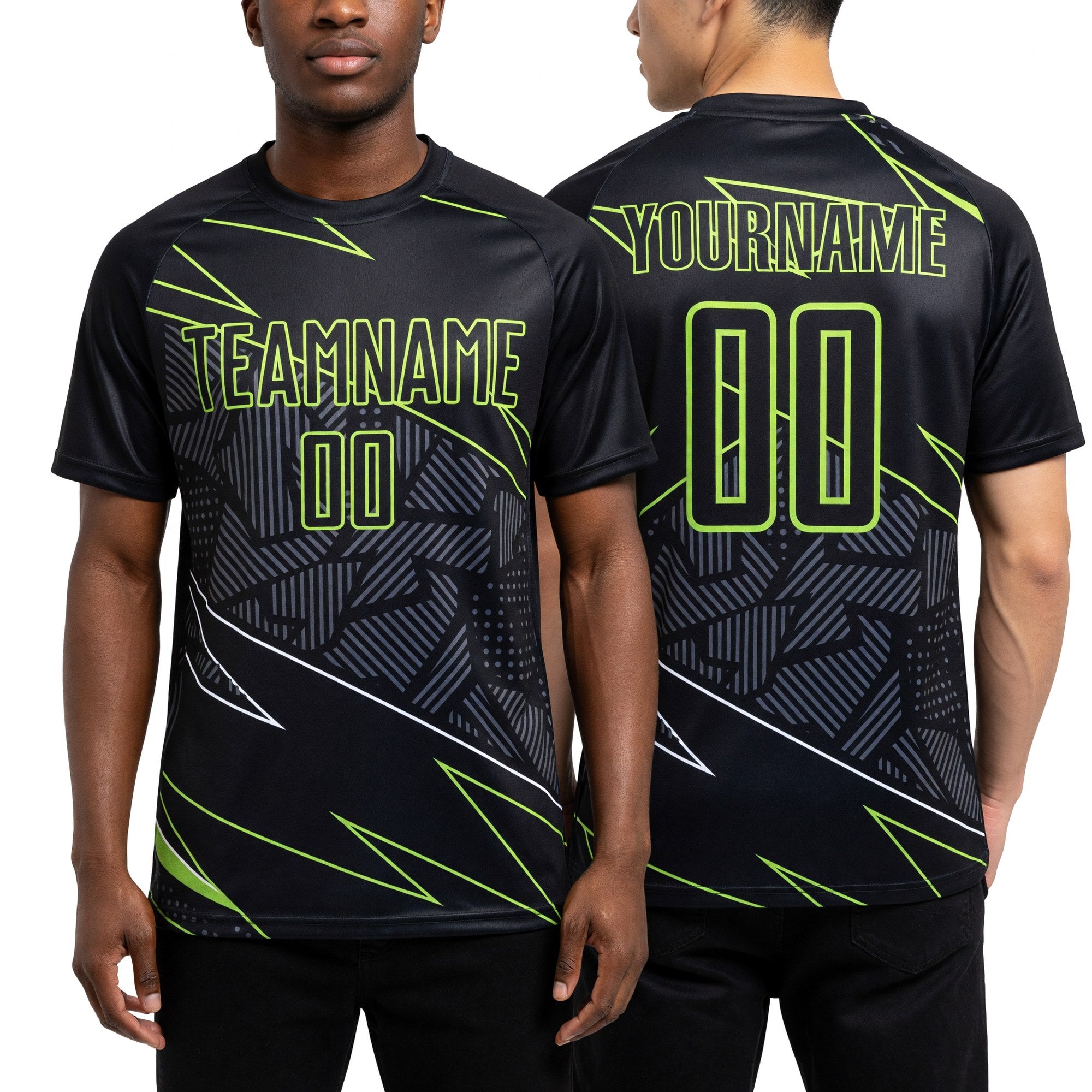 Custom Black Neon Green Lines Sublimation Soccer Uniform Jersey worn front and back