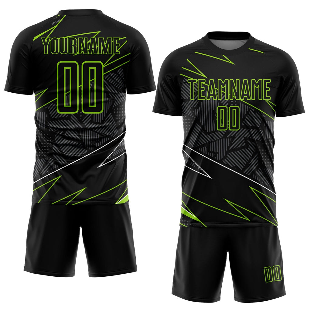 Custom Black Neon Green Lines Sublimation Soccer Uniform Jersey photo 2