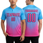 Custom Sky Blue Pink-Black Lines Sublimation Soccer Uniform Jersey worn front and back