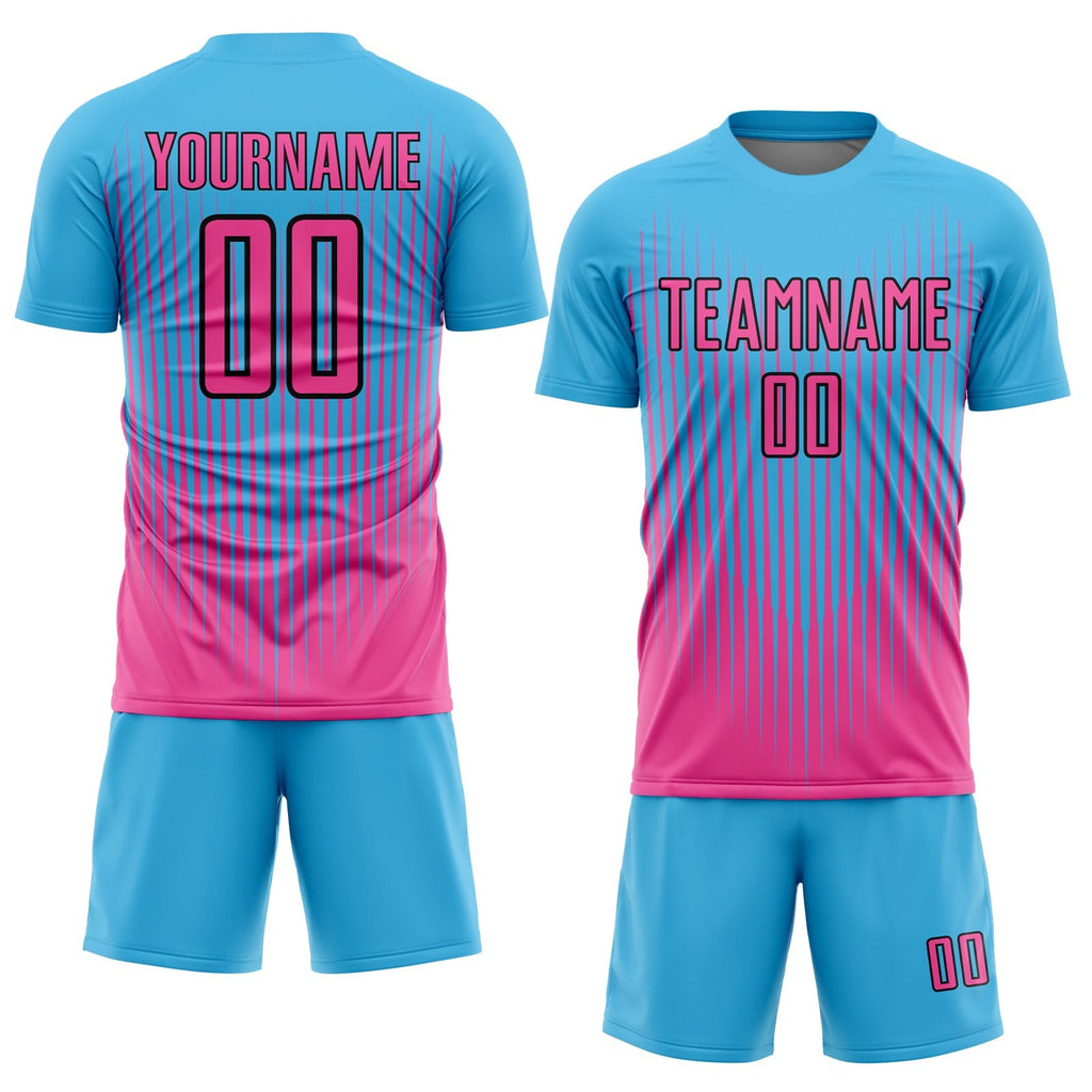 Custom Sky Blue Pink-Black Lines Sublimation Soccer Uniform Jersey photo 2