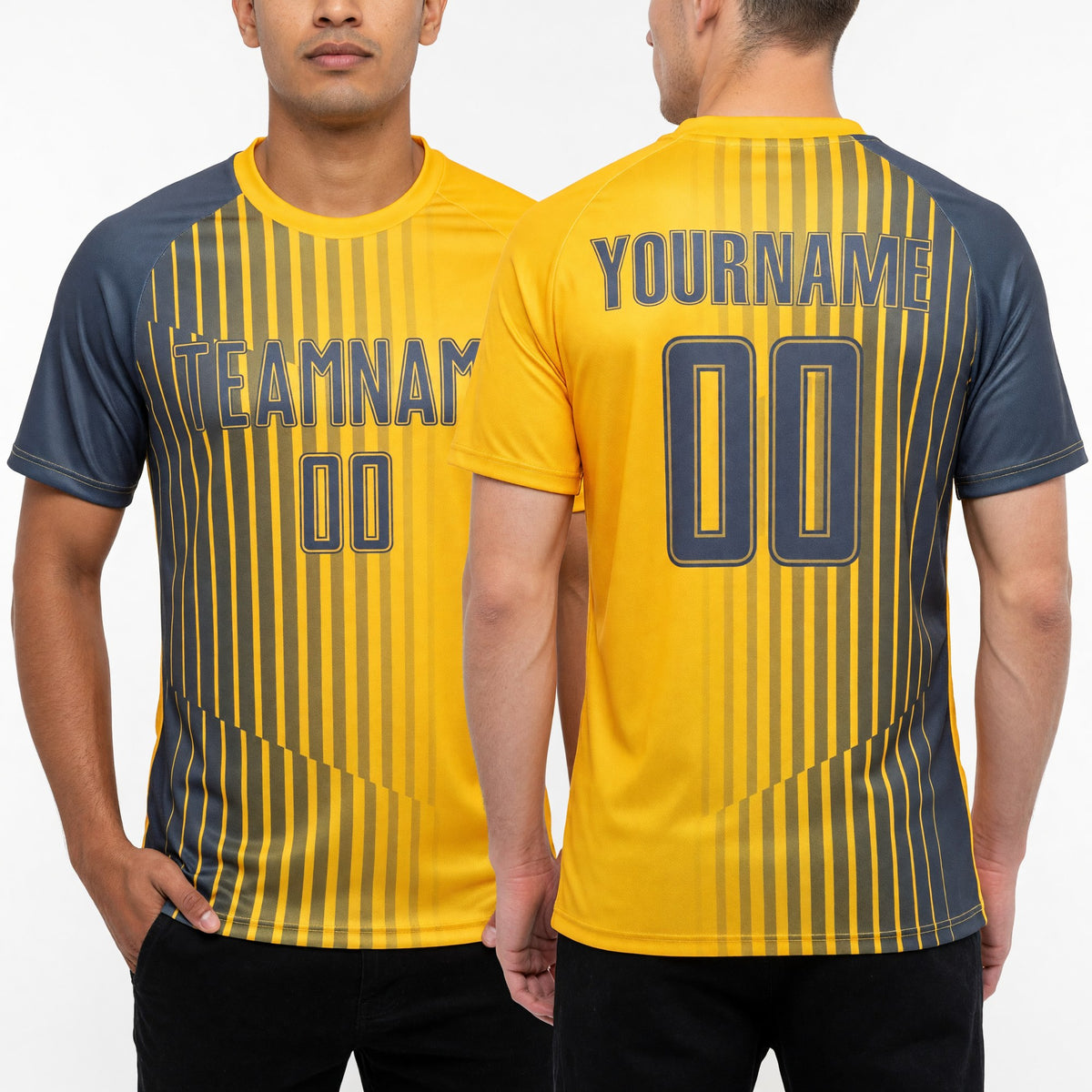 Custom Yellow Steel Gray Lines Sublimation Soccer Uniform Jersey worn front and back