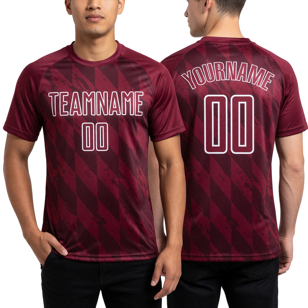 Custom Crimson White Geometric Shapes Sublimation Soccer Uniform Jersey worn front and back