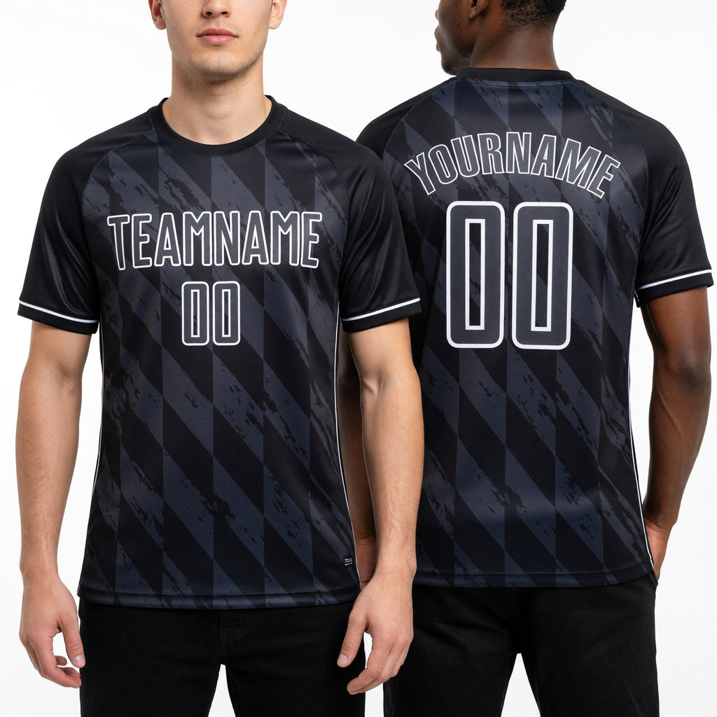 Custom Steel Gray White Geometric Shapes Sublimation Soccer Uniform Jersey worn front and back
