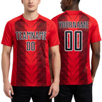 Custom Fire Red Black-White Lines Sublimation Soccer Uniform Jersey worn front and back