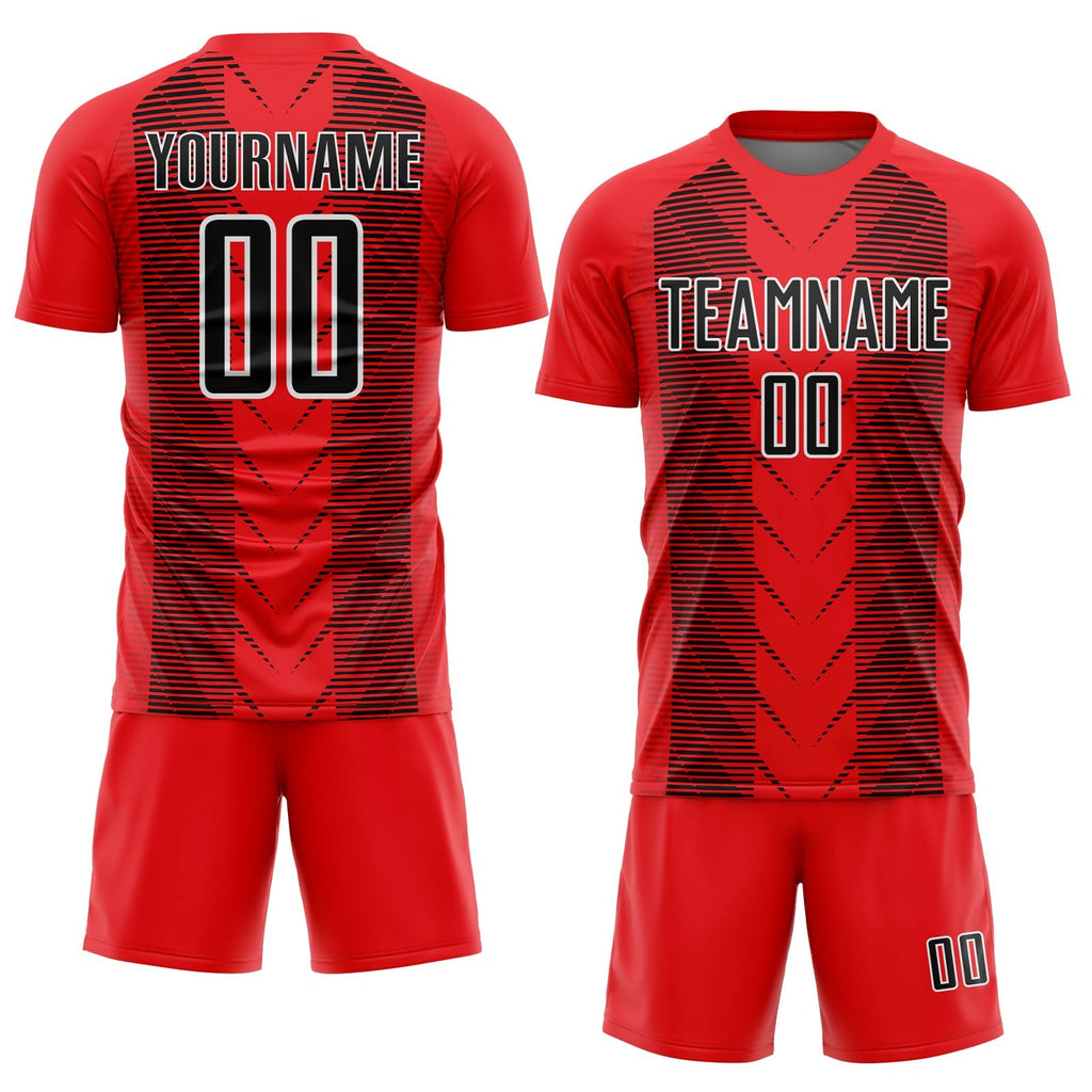 Custom Fire Red Black-White Lines Sublimation Soccer Uniform Jersey photo 2