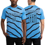 Custom Light Blue Black Lines And Dots Sublimation Soccer Uniform Jersey worn front and back