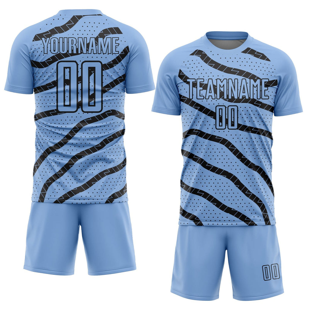Custom Light Blue Black Lines And Dots Sublimation Soccer Uniform Jersey photo 2