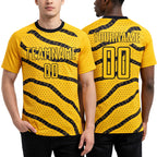 Custom Yellow Black Lines And Dots Sublimation Soccer Uniform Jersey worn front and back