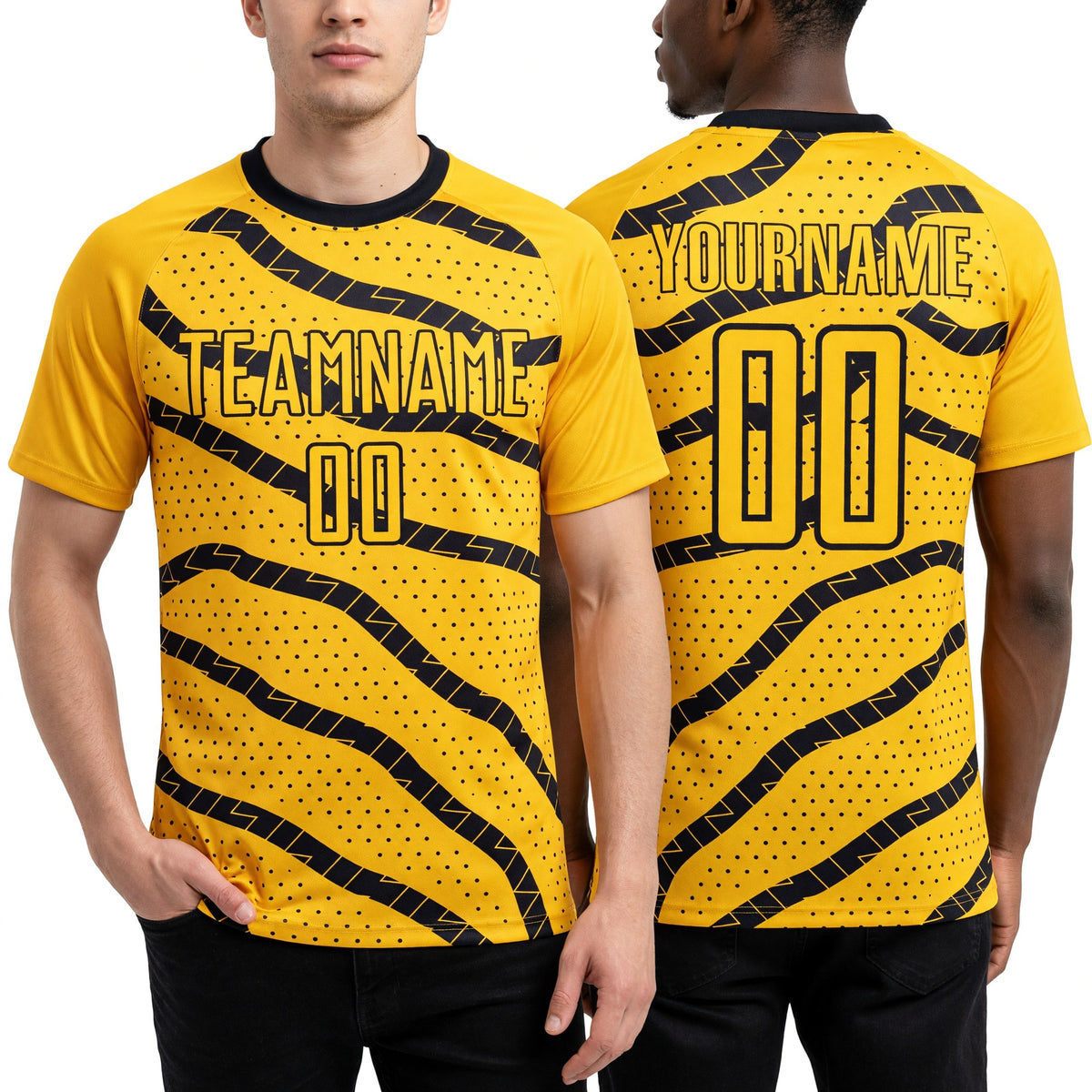 Custom Yellow Black Lines And Dots Sublimation Soccer Uniform Jersey worn front and back