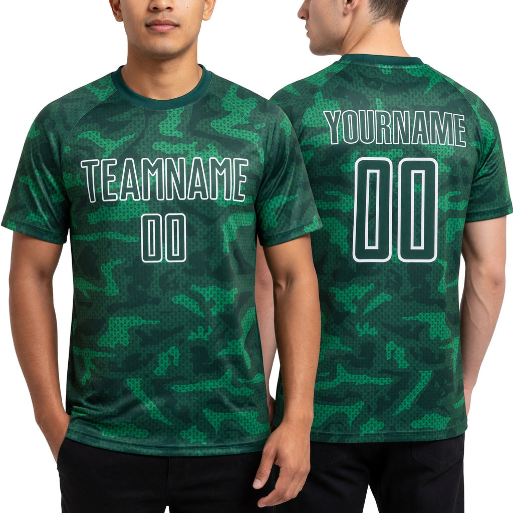 Custom Kelly Green White Geometric Shapes Sublimation Soccer Uniform Jersey worn front and back
