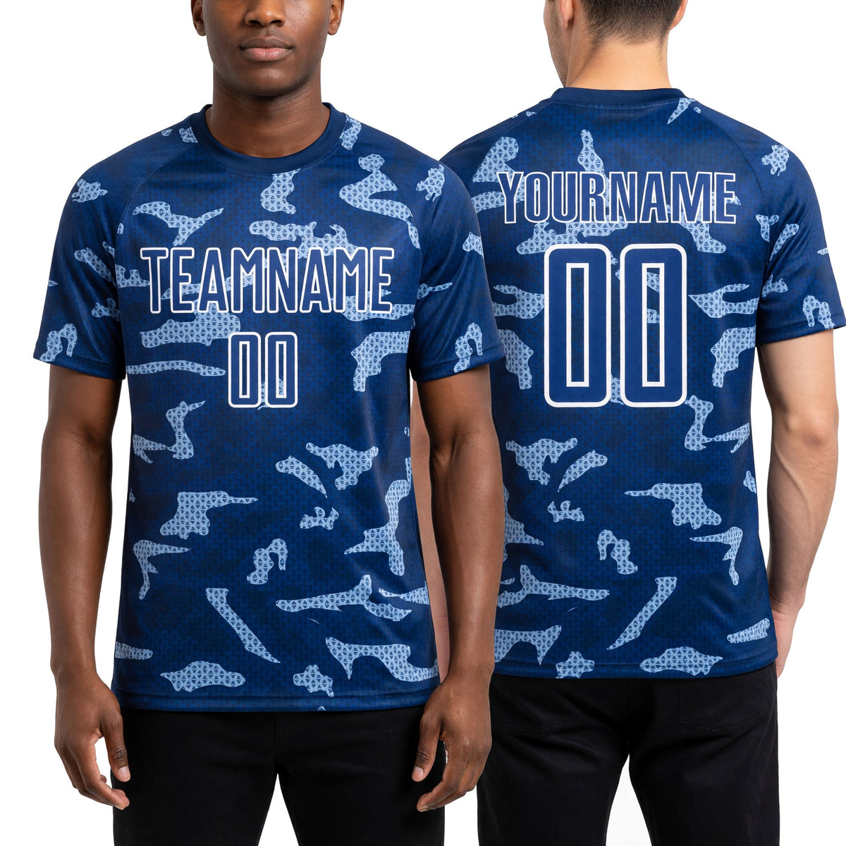 Custom Royal White Geometric Shapes Sublimation Soccer Uniform Jersey worn front and back