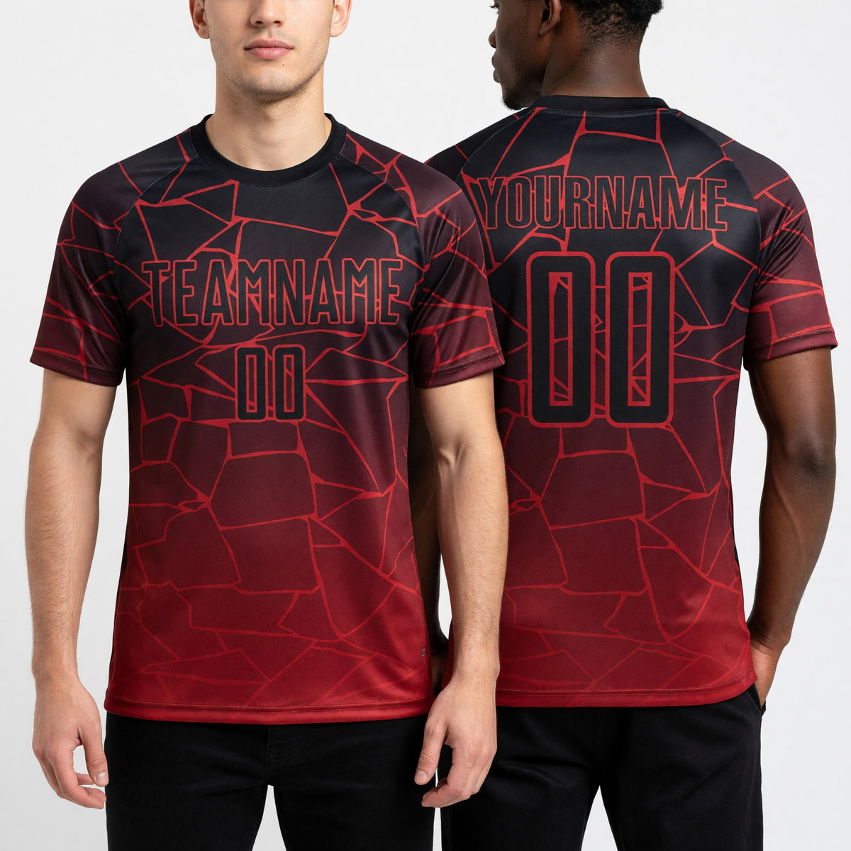 Custom Red Black Lines Sublimation Soccer Uniform Jersey worn front and back
