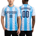 Custom Light Blue Navy-White Sublimation Soccer Uniform Jersey worn front and back