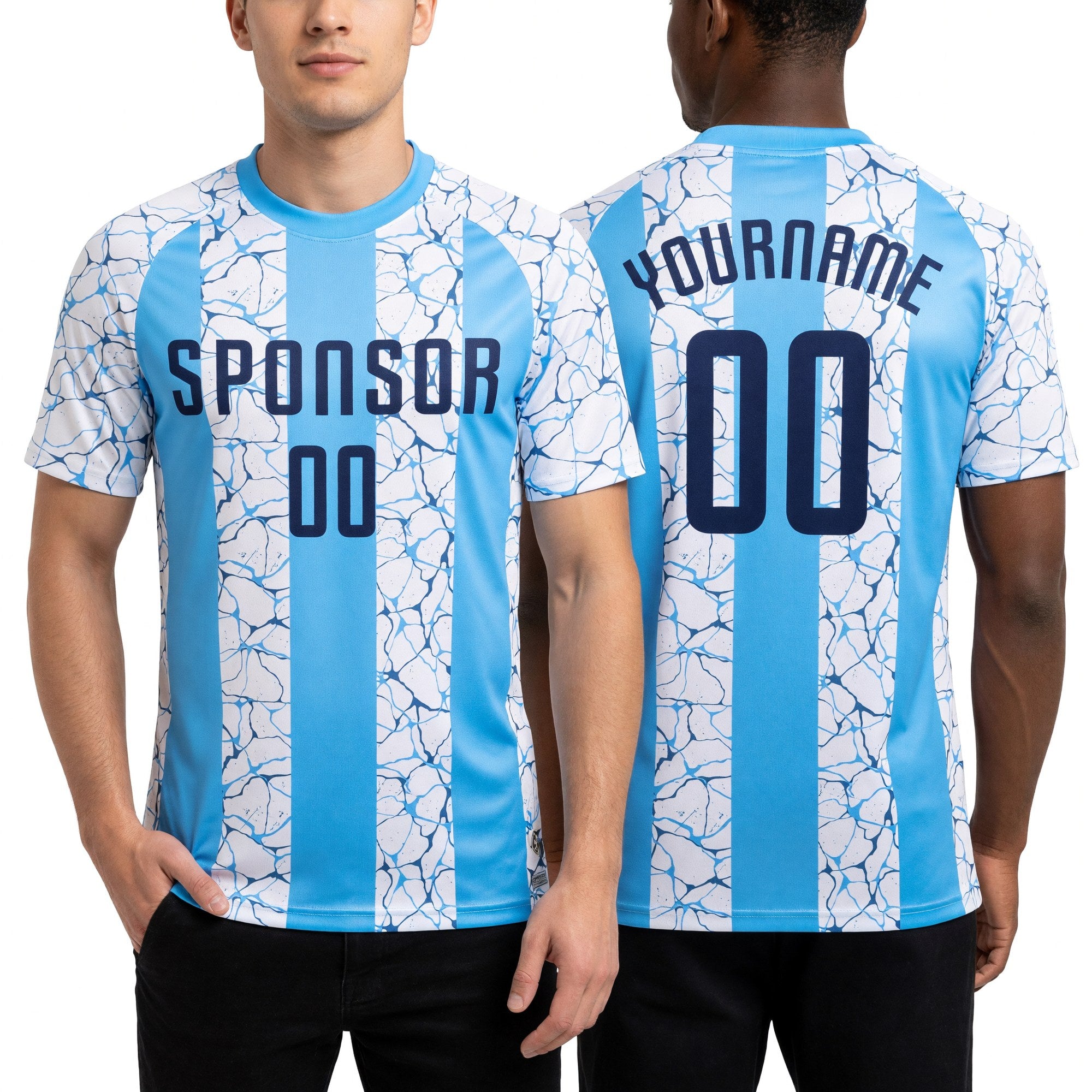 Custom Light Blue Navy-White Sublimation Soccer Uniform Jersey worn front and back