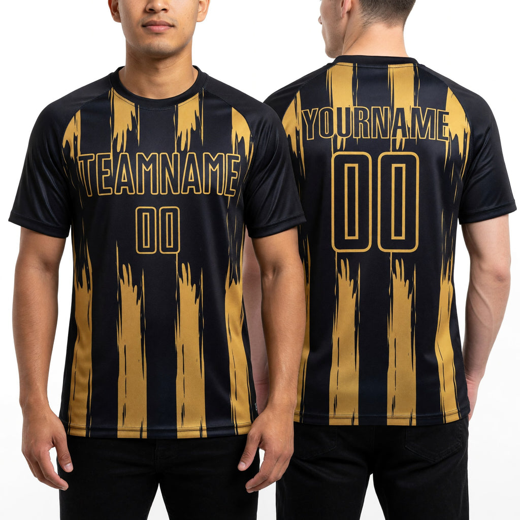 Custom Black Old Gold Abstract Stripes Sublimation Soccer Uniform Jersey worn front and back