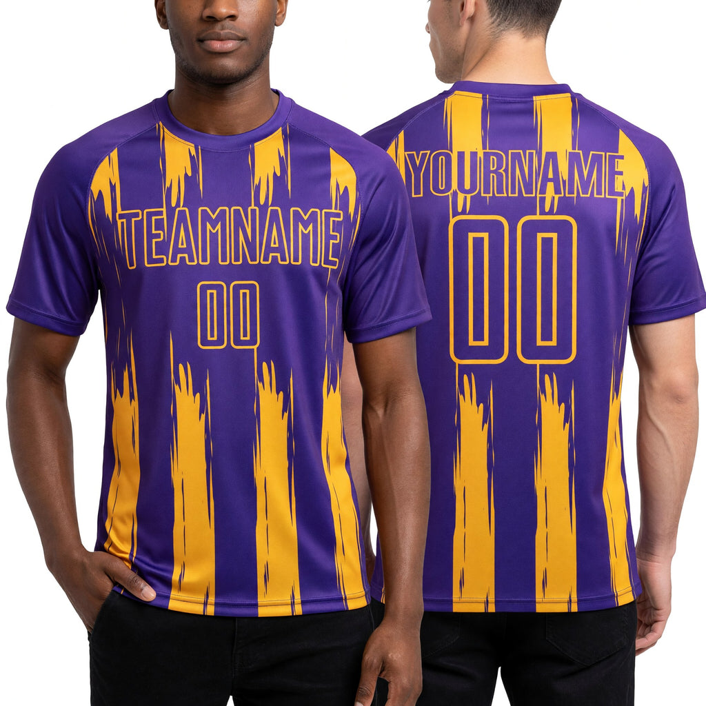 Custom Purple Gold Abstract Stripes Sublimation Soccer Uniform Jersey worn front and back