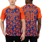 Custom Orange Royal Lightning Sublimation Soccer Uniform Jersey worn front and back