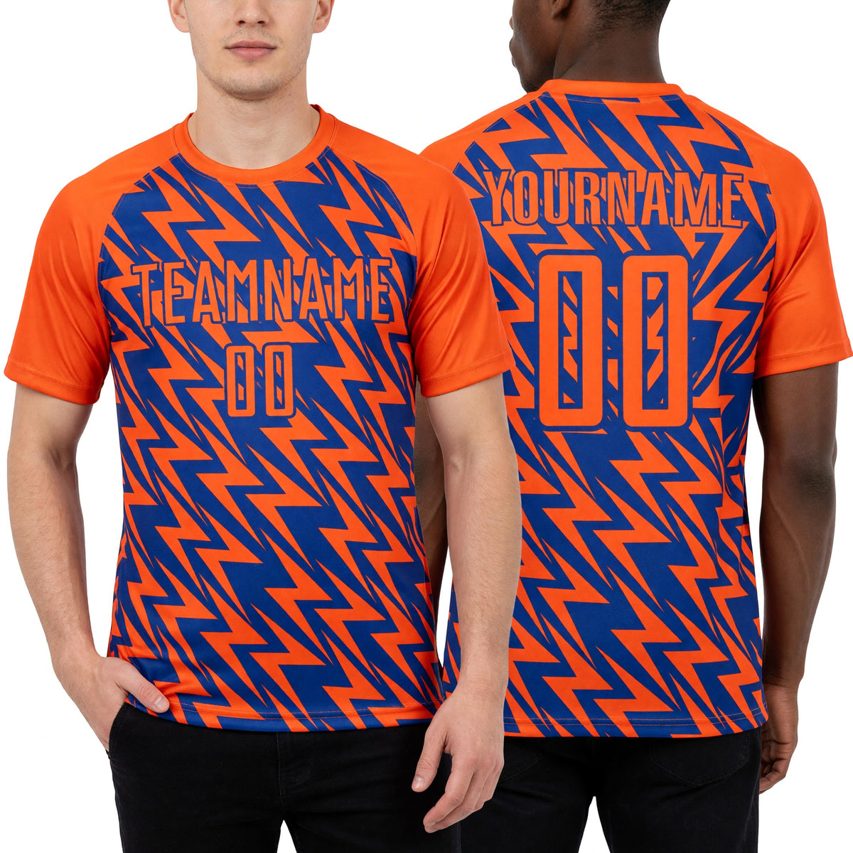 Custom Orange Royal Lightning Sublimation Soccer Uniform Jersey worn front and back