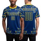 Custom Royal Neon Yellow Geometric Shapes Sublimation Soccer Uniform Jersey worn front and back