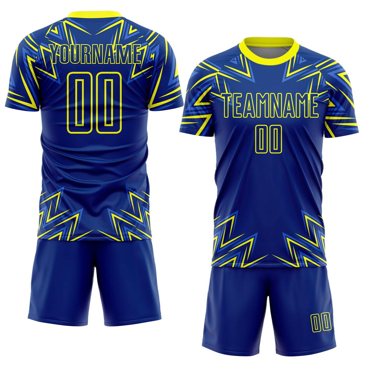 Custom Royal Neon Yellow Geometric Shapes Sublimation Soccer Uniform Jersey photo 2