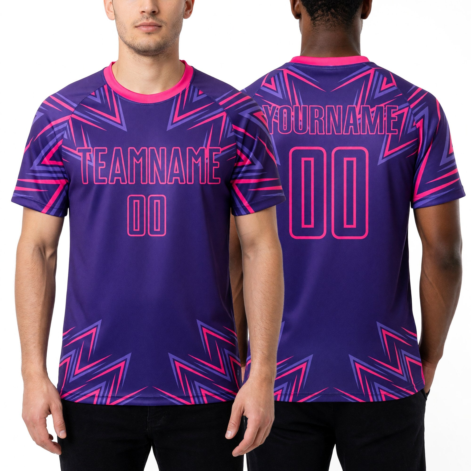 Custom Purple Pink Geometric Shapes Sublimation Soccer Uniform Jersey worn front and back