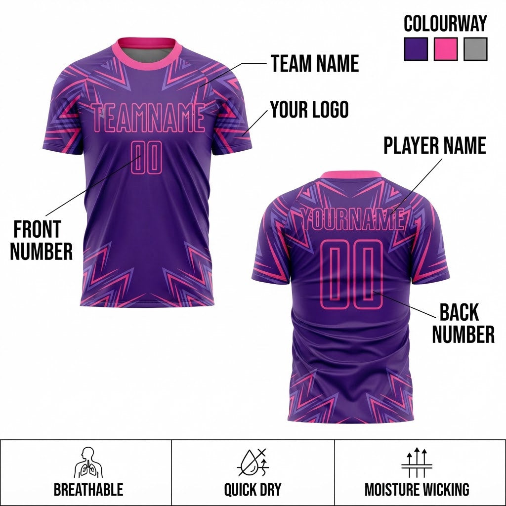 Custom Purple Geometric Shapes Sublimated Soccer Jersey with Pink Lettering customization guide