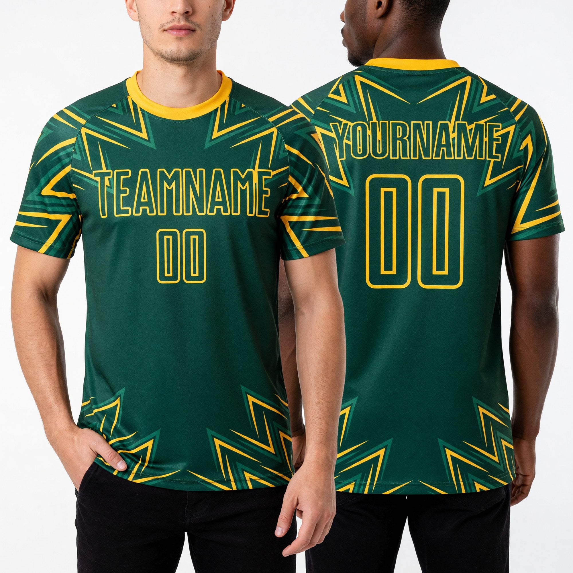 Custom Green Yellow Geometric Shapes Sublimation Soccer Uniform Jersey worn front and back