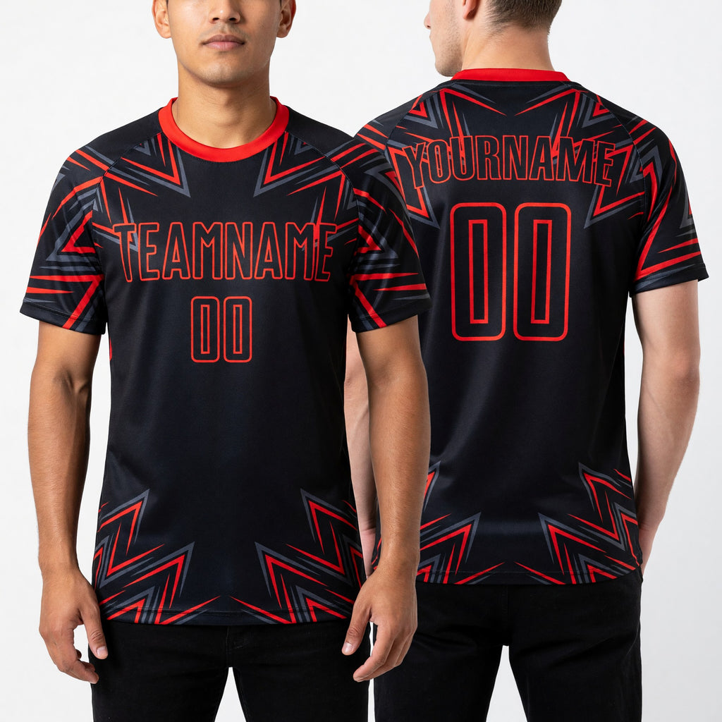 Custom Black Red Geometric Shapes Sublimation Soccer Uniform Jersey worn front and back