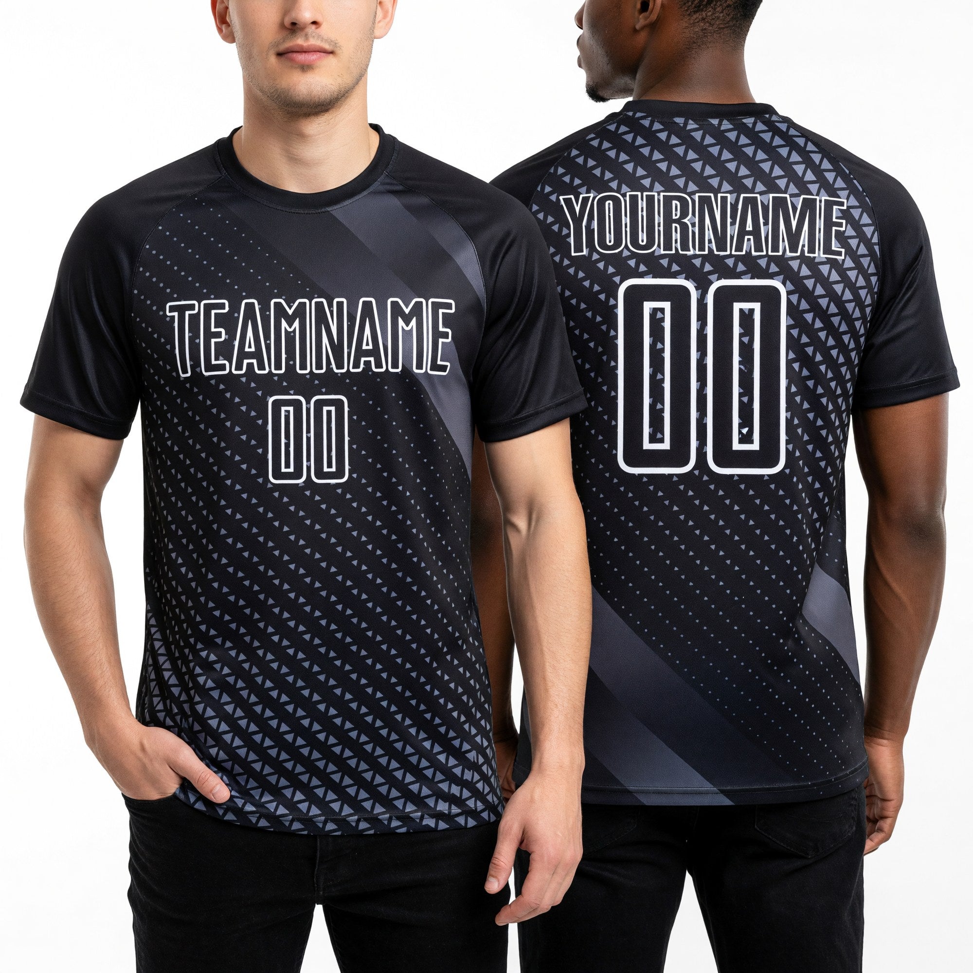 Custom Black White Geometric Shapes Sublimation Soccer Uniform Jersey worn front and back