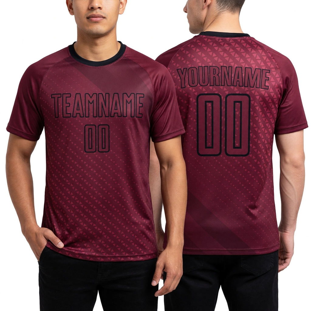 Custom Crimson Black Geometric Shapes Sublimation Soccer Uniform Jersey worn front and back