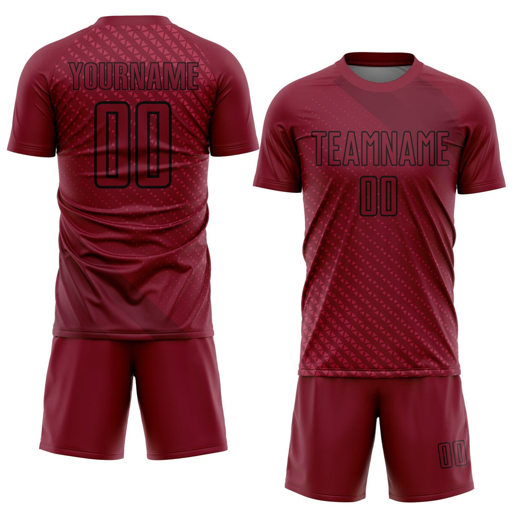 Custom Crimson Black Geometric Shapes Sublimation Soccer Uniform Jersey photo 2