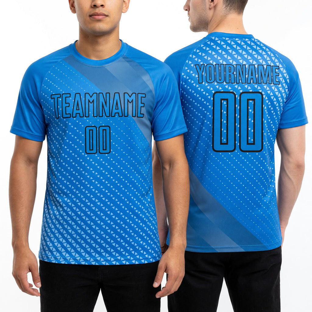 Custom Lakes Blue Black Geometric Shapes Sublimation Soccer Uniform Jersey worn front and back