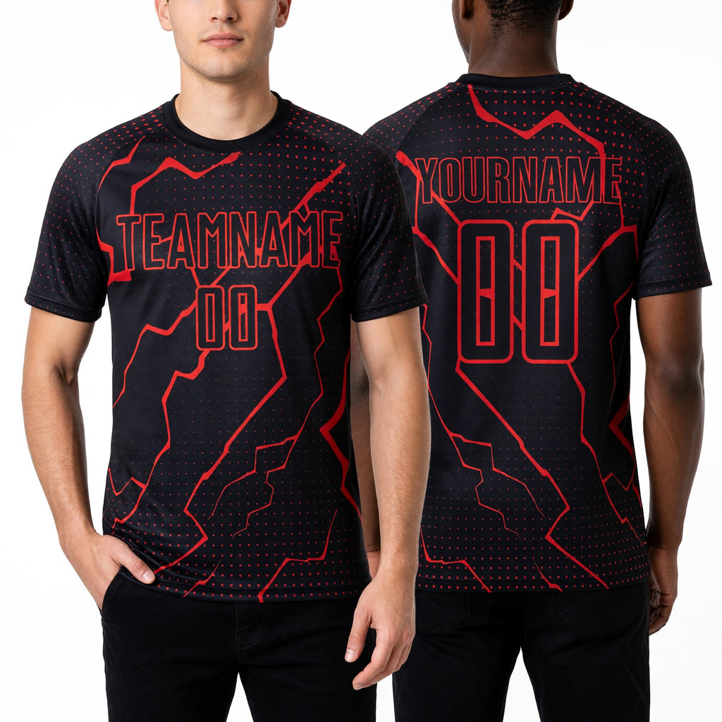 Custom Black Red Lightning Sublimation Soccer Uniform Jersey worn front and back