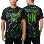 Custom Black Aurora Green Lightning Sublimation Soccer Uniform Jersey worn front and back