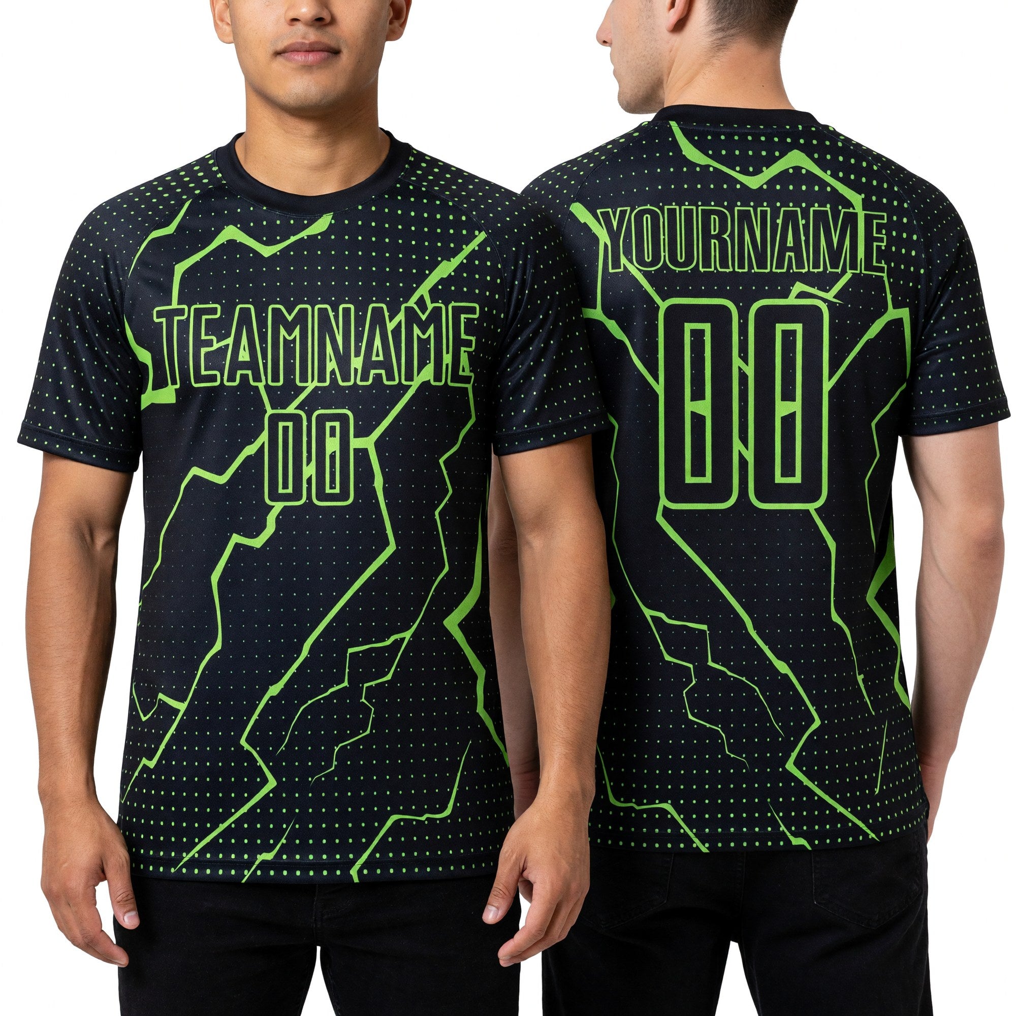 Custom Black Aurora Green Lightning Sublimation Soccer Uniform Jersey worn front and back