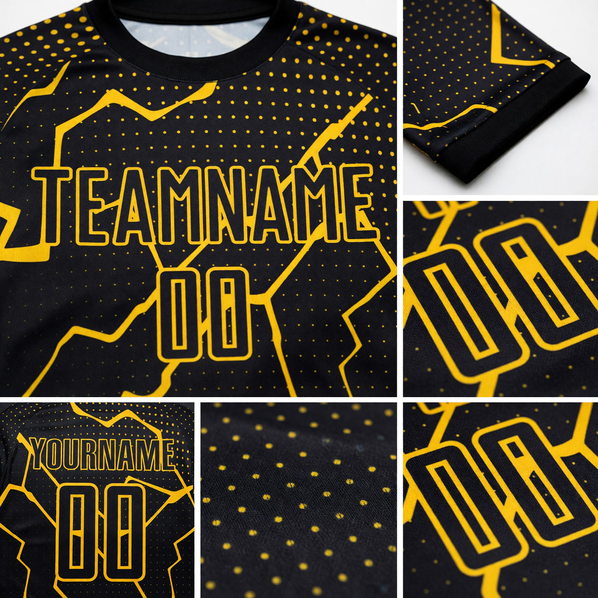 Custom Black Yellow Lightning Sublimation Soccer Uniform Jersey detail