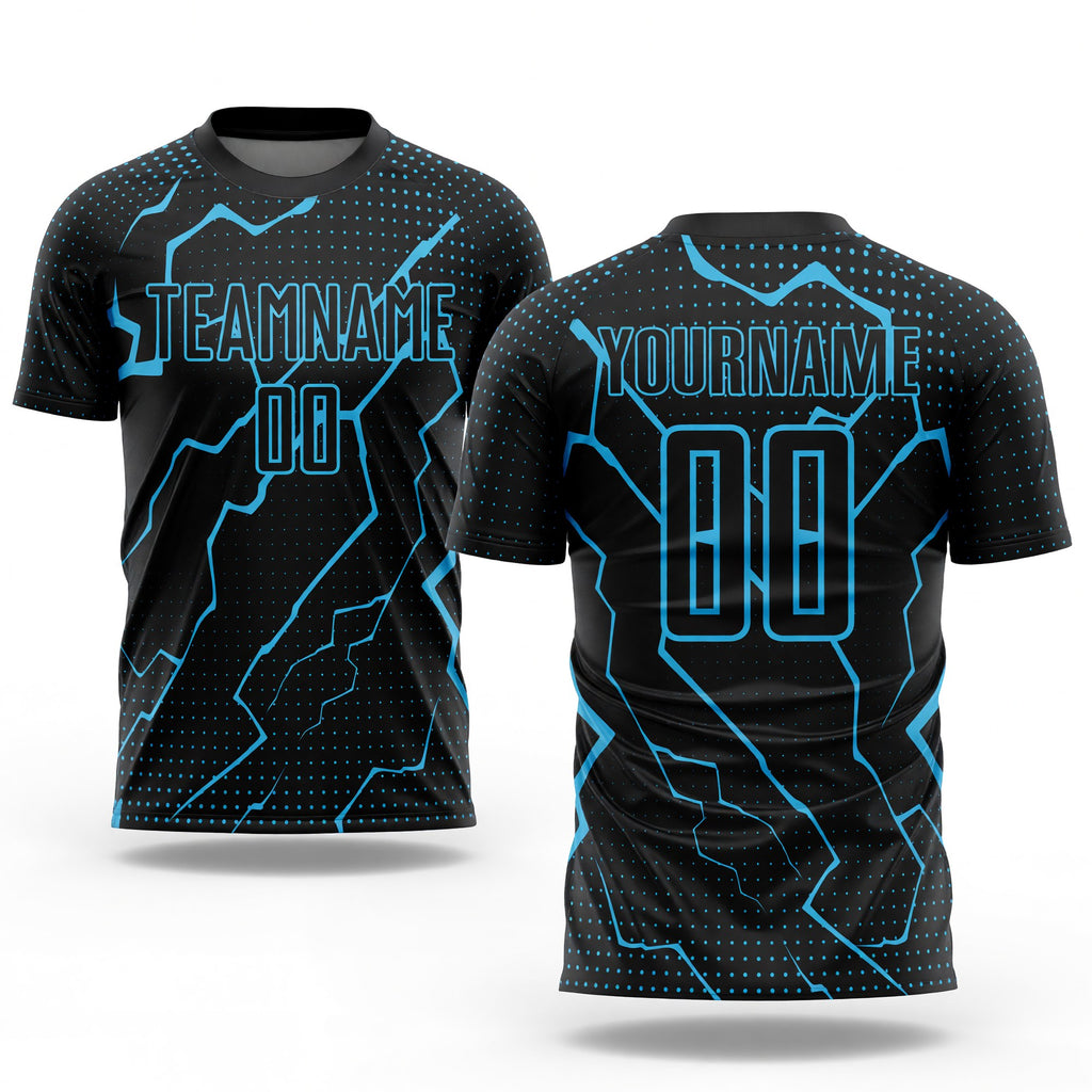 Custom Black Sky Blue Lightning Sublimation Soccer Uniform Jersey