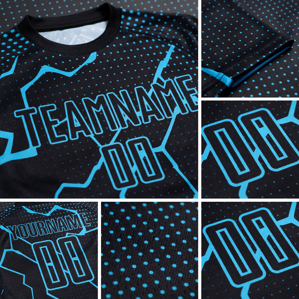 Custom Black Sky Blue Lightning Sublimation Soccer Uniform Jersey detail