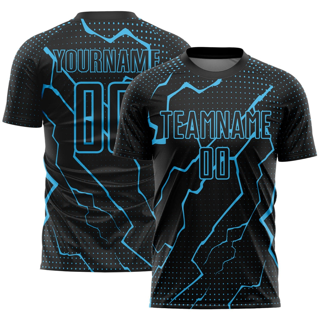 Custom Black Sky Blue Lightning Sublimation Soccer Uniform Jersey photo 1