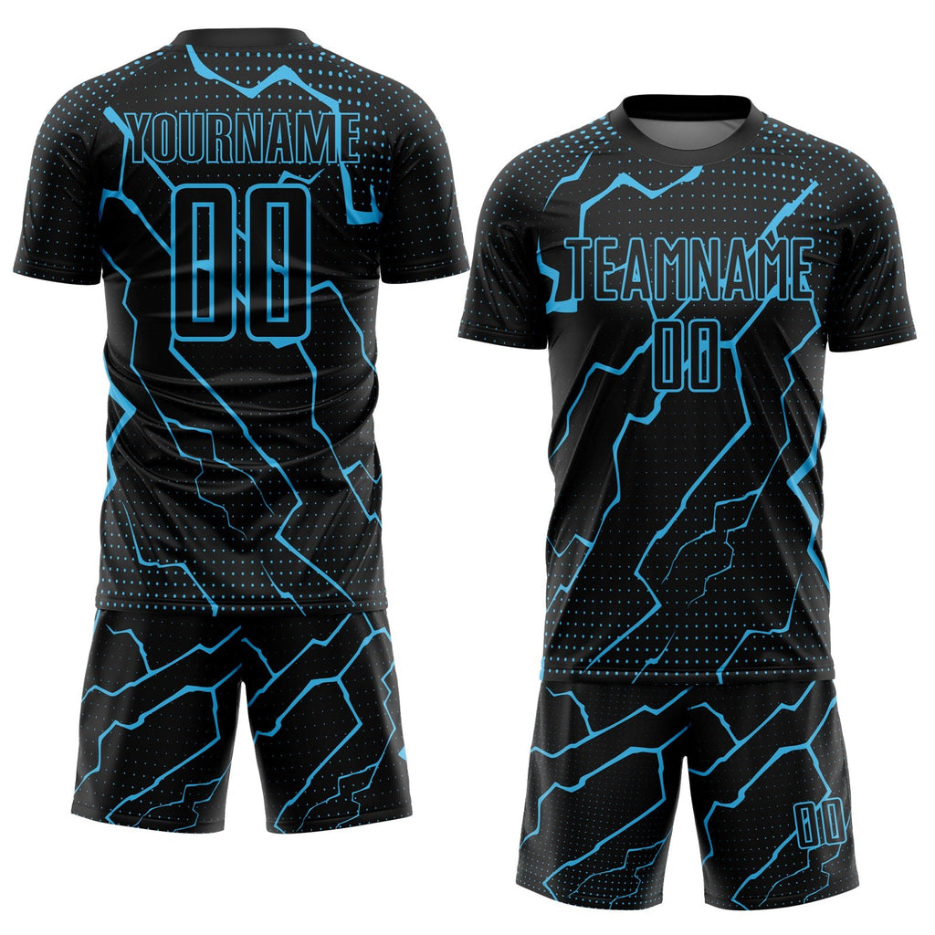 Custom Black Sky Blue Lightning Sublimation Soccer Uniform Jersey photo 2