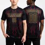 Custom Black Red-Old Gold Geometric Shapes Sublimation Soccer Uniform Jersey worn front and back