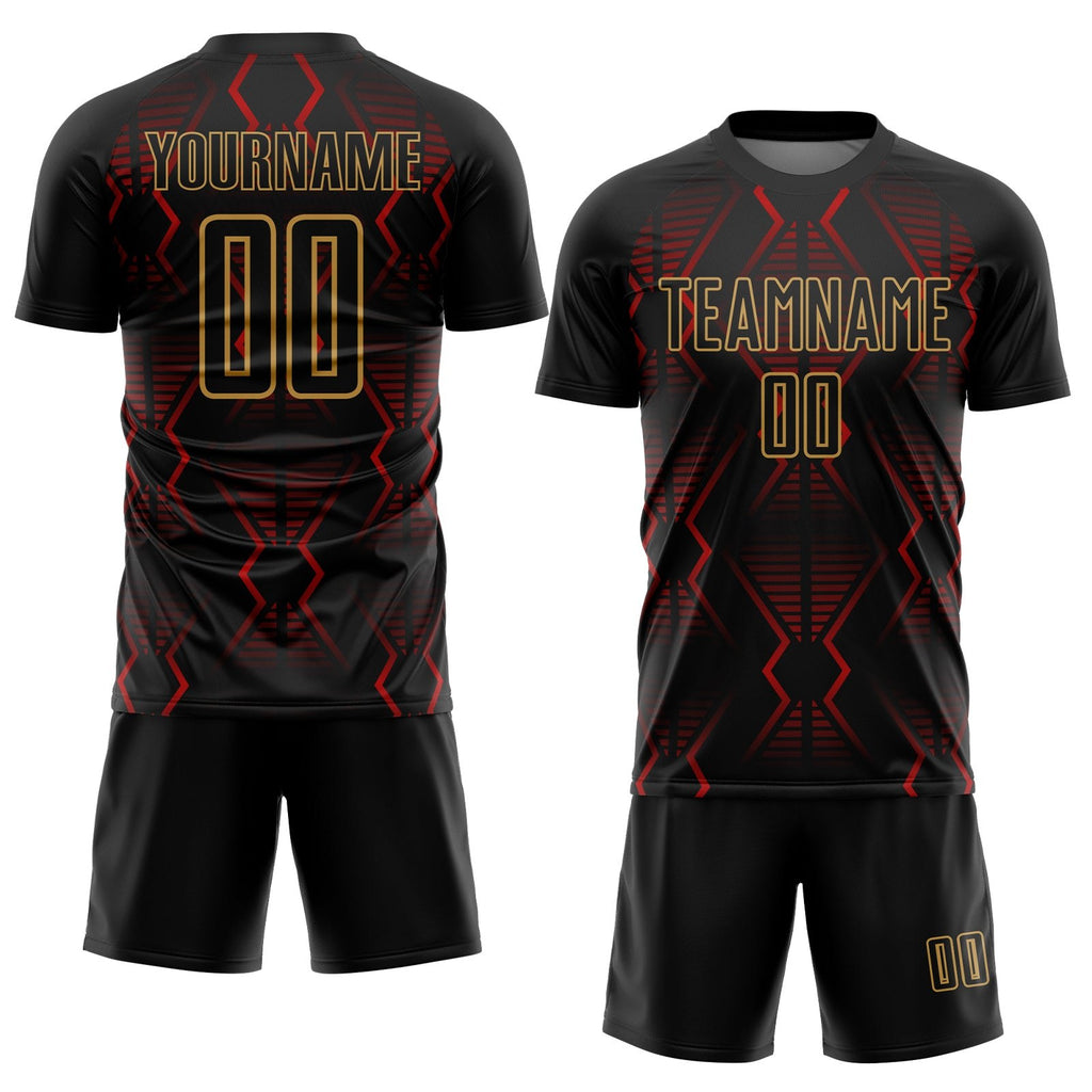 Custom Black Red-Old Gold Geometric Shapes Sublimation Soccer Uniform Jersey photo 2