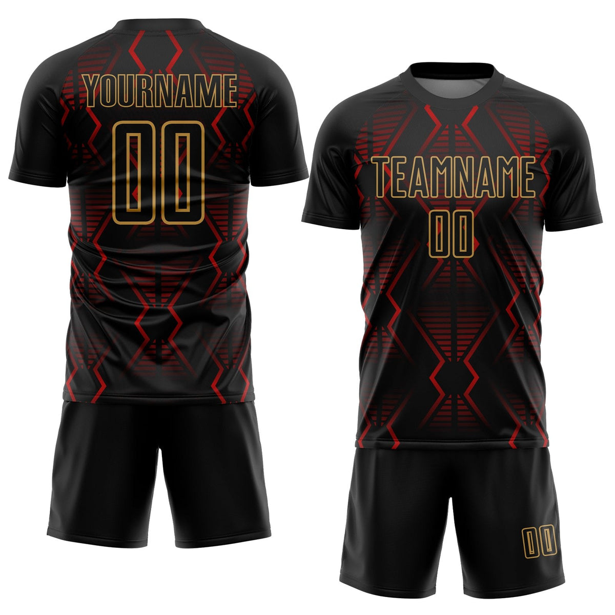 Custom Black Red-Old Gold Geometric Shapes Sublimation Soccer Uniform Jersey photo 2