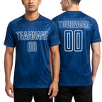 Custom Royal White Geometric Shapes Sublimation Soccer Uniform Jersey worn front and back