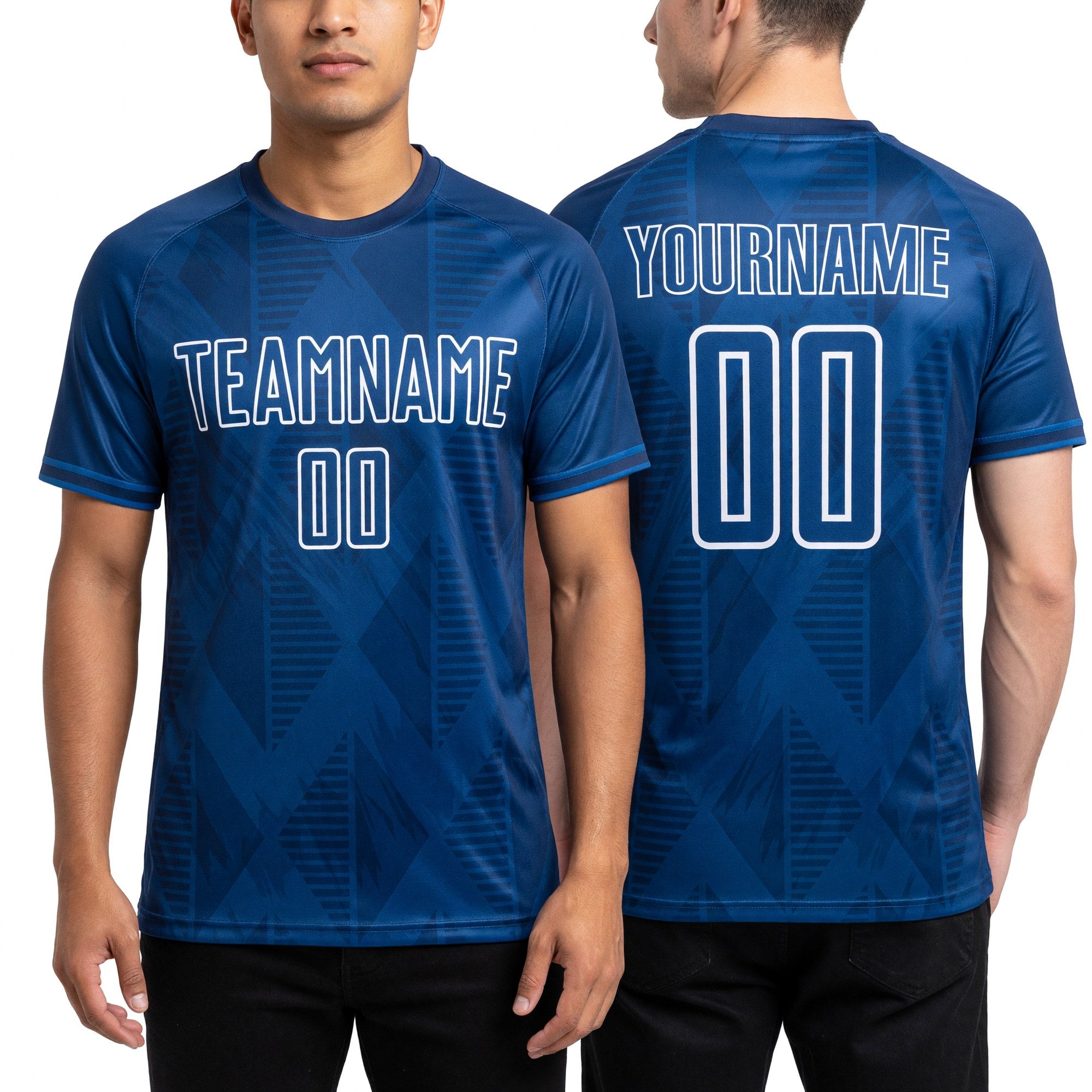 Custom Royal White Geometric Shapes Sublimation Soccer Uniform Jersey worn front and back