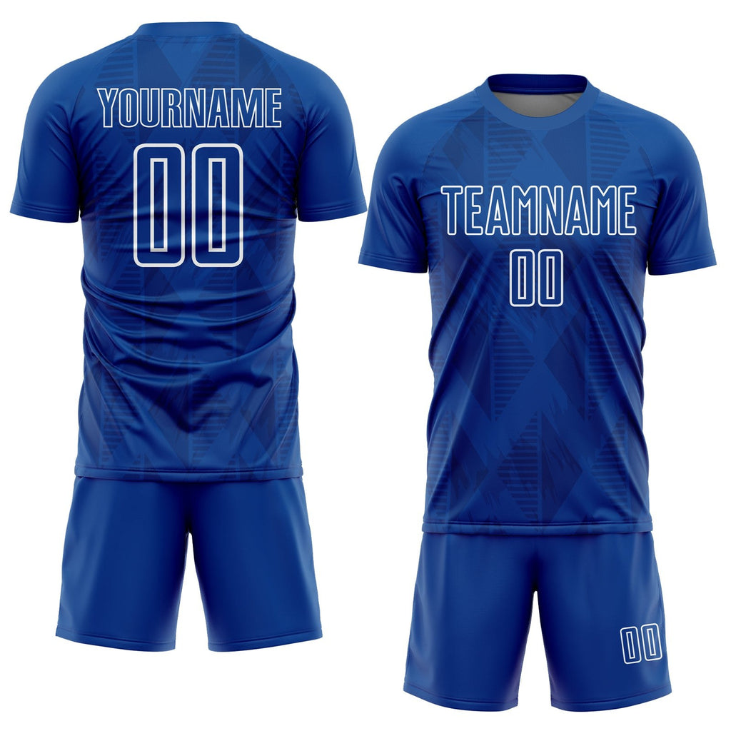 Custom Royal White Geometric Shapes Sublimation Soccer Uniform Jersey photo 2