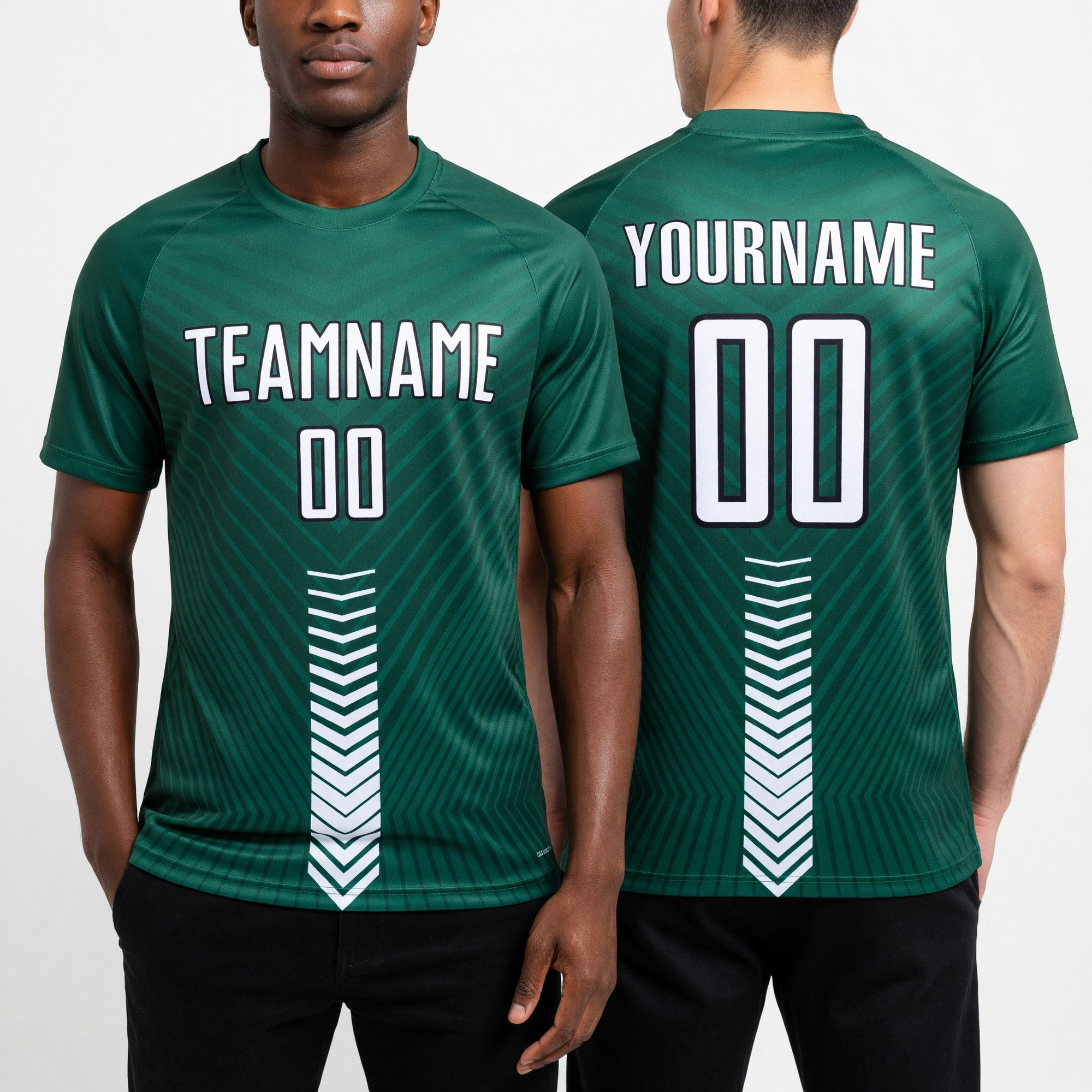 Custom Kelly Green White-Black Arrow Shapes Sublimation Soccer Uniform Jersey worn front and back