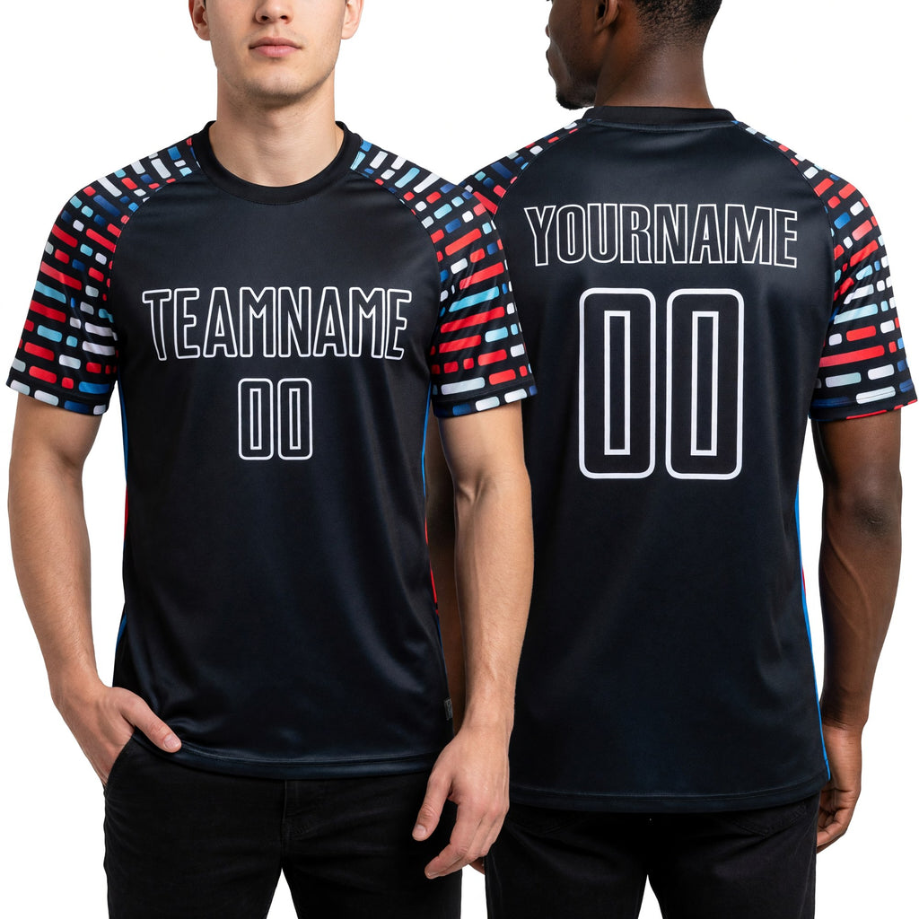 Custom Black White Geometric Shapes Sublimation Soccer Uniform Jersey worn front and back