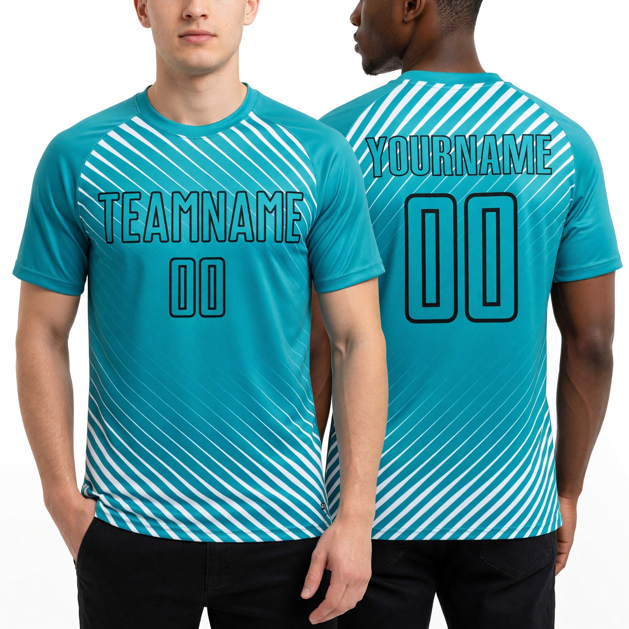 Custom Aqua Black Diagonal Lines Sublimation Soccer Uniform Jersey worn front and back