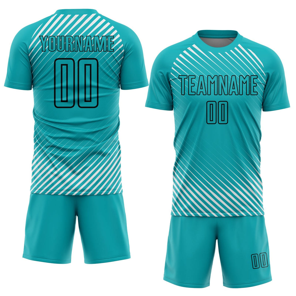 Custom Aqua Black Diagonal Lines Sublimation Soccer Uniform Jersey photo 2